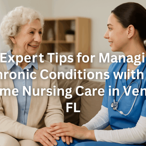 A compassionate nurse provides in-home care for an elderly woman in Venice, Florida, checking her vitals in a cozy living room with warm lighting and tropical touches — representing expert in-home nursing care and chronic condition management.