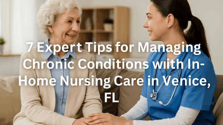 A compassionate nurse provides in-home care for an elderly woman in Venice, Florida, checking her vitals in a cozy living room with warm lighting and tropical touches — representing expert in-home nursing care and chronic condition management.
