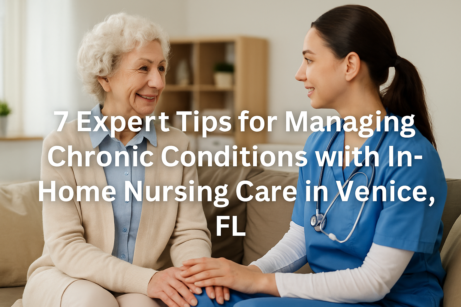 A compassionate nurse provides in-home care for an elderly woman in Venice, Florida, checking her vitals in a cozy living room with warm lighting and tropical touches — representing expert in-home nursing care and chronic condition management.