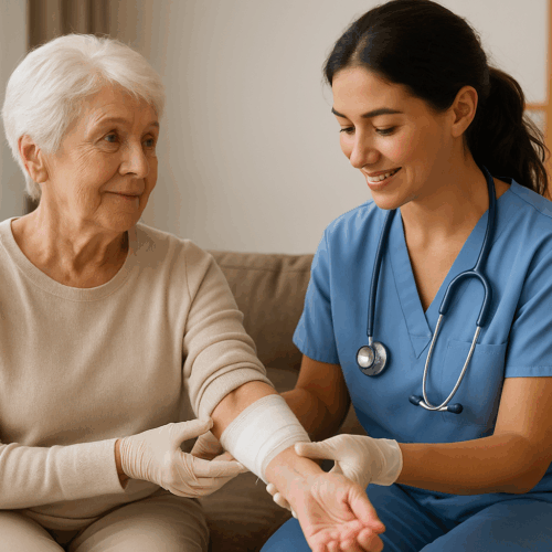 A compassionate home health nurse in Sarasota County carefully applies a bandage to an elderly woman’s arm in a bright, comfortable living room — representing professional in-home wound care for seniors with warmth and trust.