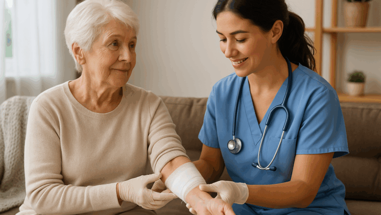 A compassionate home health nurse in Sarasota County carefully applies a bandage to an elderly woman’s arm in a bright, comfortable living room — representing professional in-home wound care for seniors with warmth and trust.