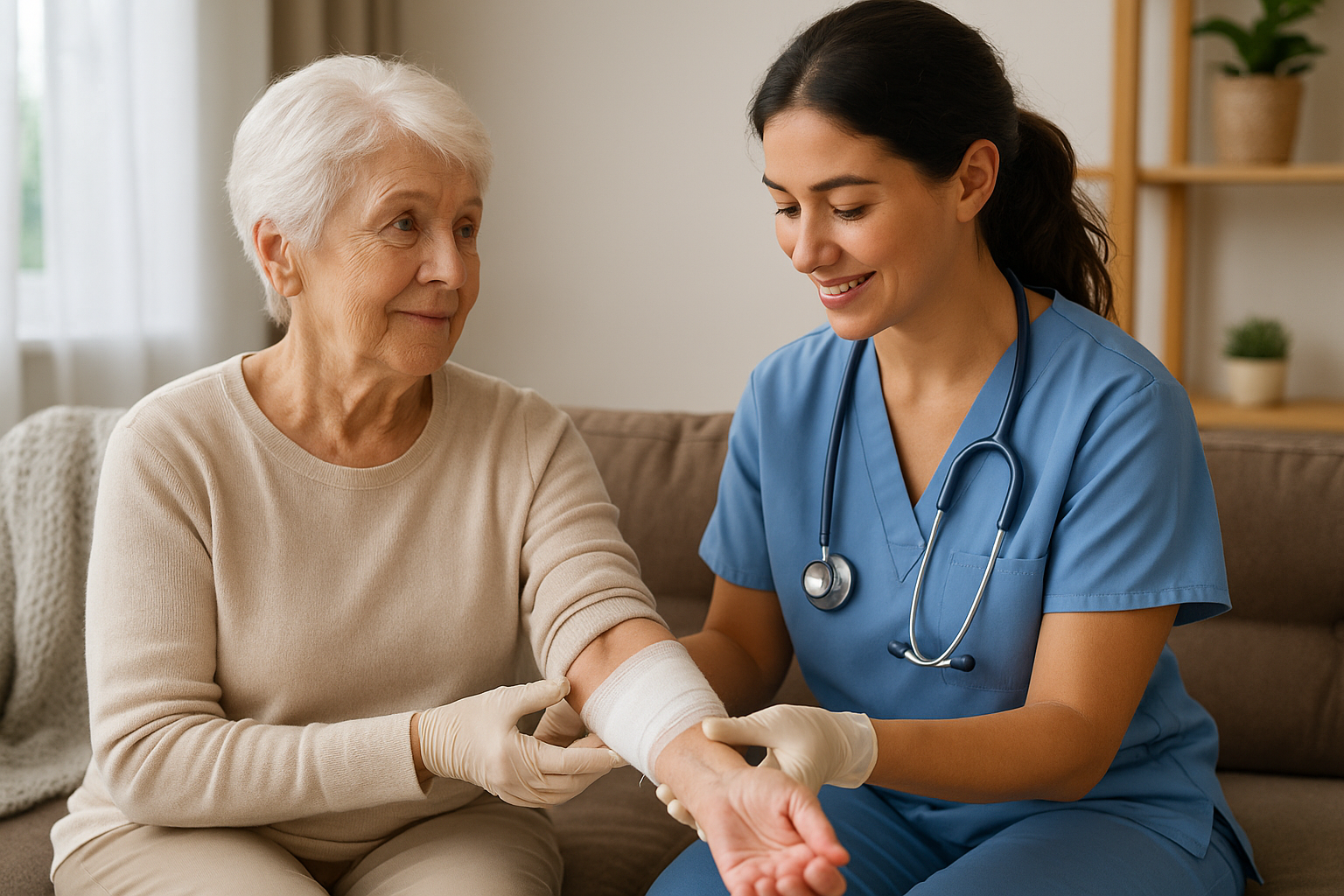 A compassionate home health nurse in Sarasota County carefully applies a bandage to an elderly woman’s arm in a bright, comfortable living room — representing professional in-home wound care for seniors with warmth and trust.
