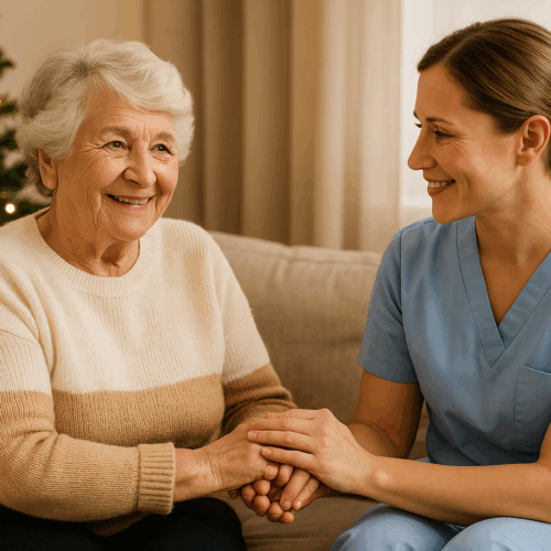 “An elderly woman smiles warmly at her caregiver beside a glowing Christmas tree in a cozy Sarasota home, symbolizing companionship and emotional support for seniors during the holiday season avoiding holiday loneliness.