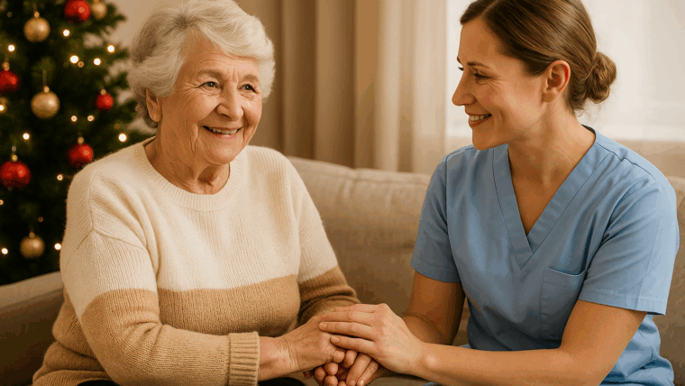 “An elderly woman smiles warmly at her caregiver beside a glowing Christmas tree in a cozy Sarasota home, symbolizing companionship and emotional support for seniors during the holiday season avoiding holiday loneliness.