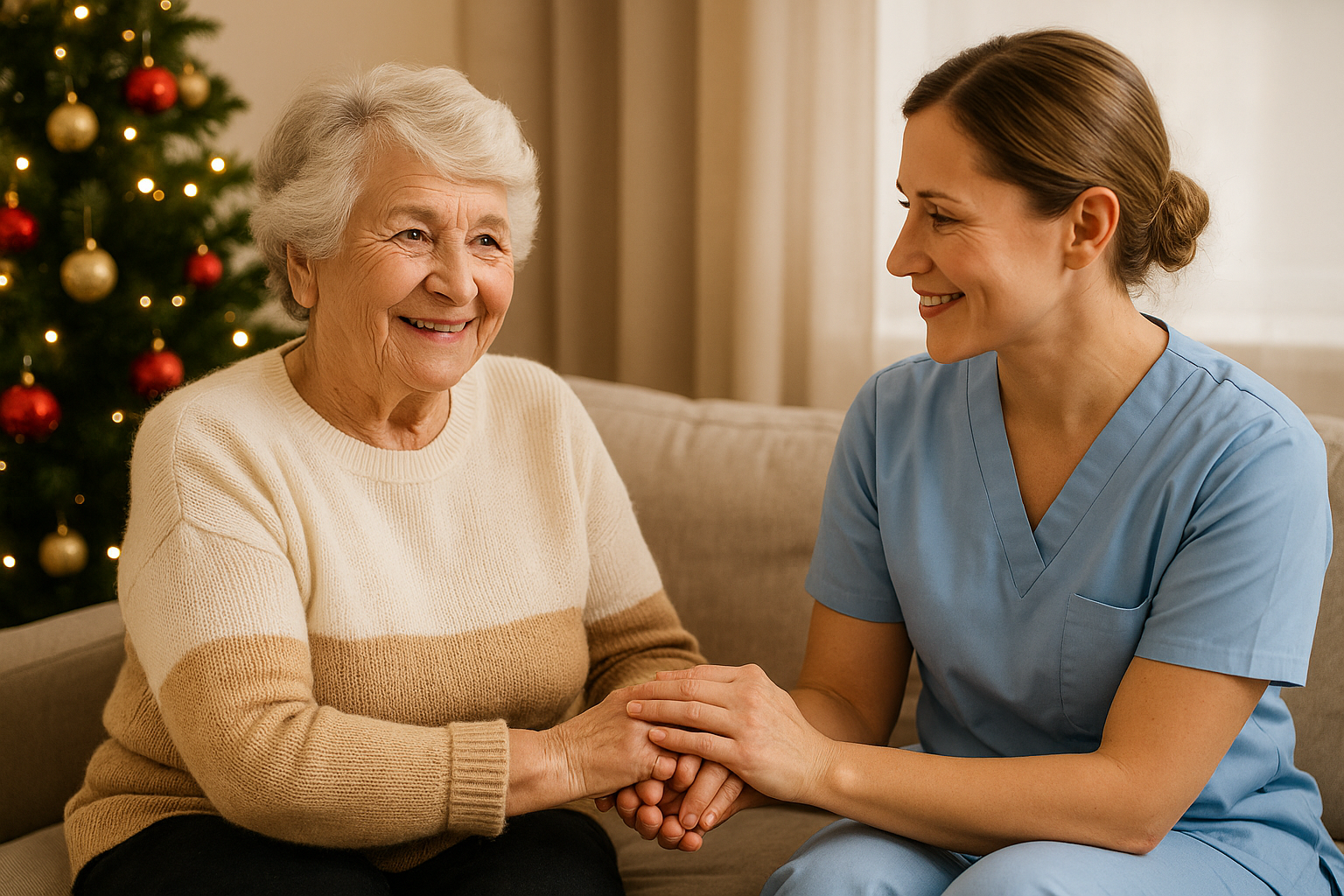 “An elderly woman smiles warmly at her caregiver beside a glowing Christmas tree in a cozy Sarasota home, symbolizing companionship and emotional support for seniors during the holiday season avoiding holiday loneliness.