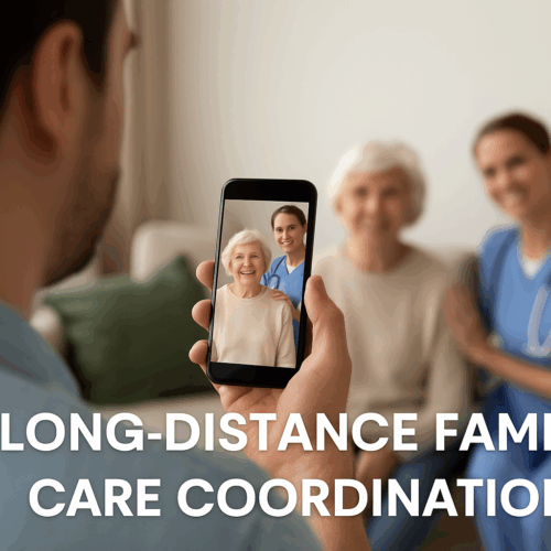 “A man video calls his elderly mother and her nurse from afar, symbolizing long-distance family care coordination with Hand in Hand Care in Sarasota. The caregiver and senior smile warmly in a bright, comfortable home setting.”