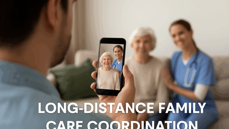 “A man video calls his elderly mother and her nurse from afar, symbolizing long-distance family care coordination with Hand in Hand Care in Sarasota. The caregiver and senior smile warmly in a bright, comfortable home setting.”