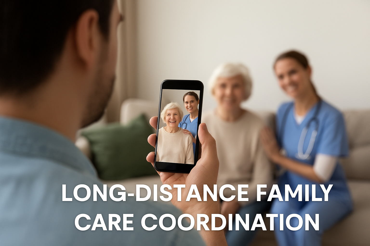 “A man video calls his elderly mother and her nurse from afar, symbolizing long-distance family care coordination with Hand in Hand Care in Sarasota. The caregiver and senior smile warmly in a bright, comfortable home setting.”