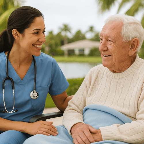 “A smiling caregiver in blue scrubs sits beside an elderly man in a light sweater outdoors in Sarasota, Florida, surrounded by palm trees — representing compassionate senior winter wellness and companionship during the mild Southwest Florida winter.”