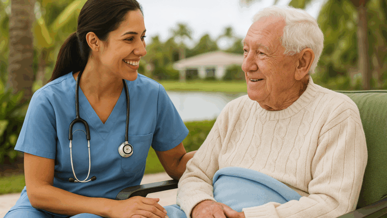 “A smiling caregiver in blue scrubs sits beside an elderly man in a light sweater outdoors in Sarasota, Florida, surrounded by palm trees — representing compassionate senior winter wellness and companionship during the mild Southwest Florida winter.”