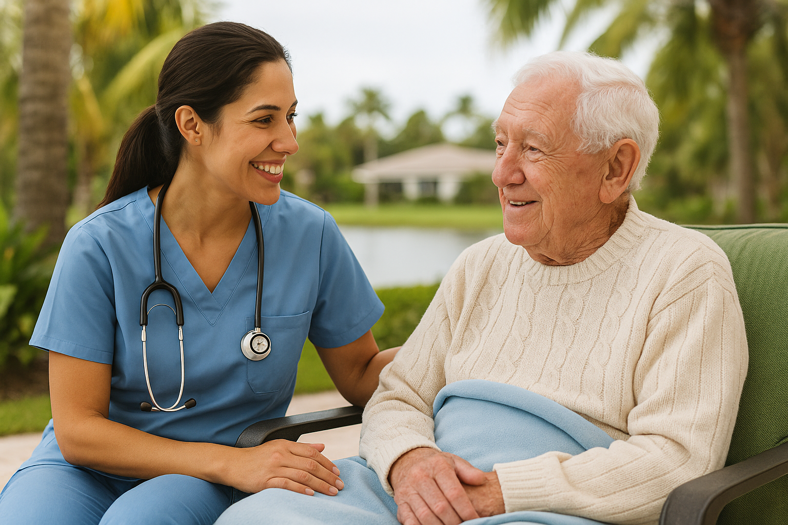 “A smiling caregiver in blue scrubs sits beside an elderly man in a light sweater outdoors in Sarasota, Florida, surrounded by palm trees — representing compassionate senior winter wellness and companionship during the mild Southwest Florida winter.”