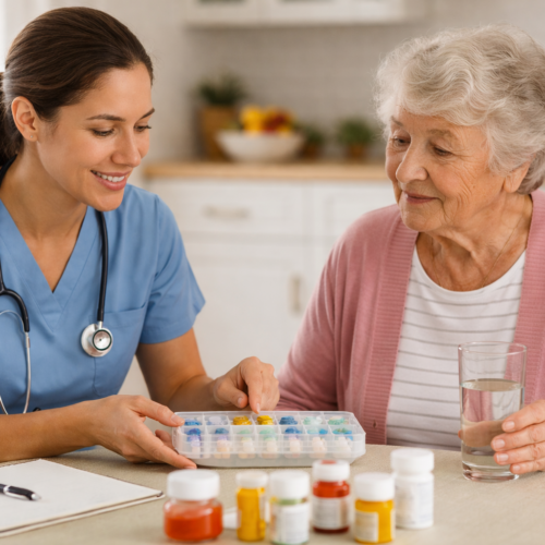A registered nurse in blue scrubs helps an elderly woman review her medications at a bright kitchen table, pointing to a pill organizer while the senior holds a glass of water—illustrating professional medication oversight and in-home nursing support for aging adults