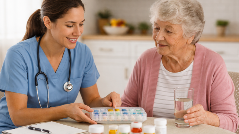 A registered nurse in blue scrubs helps an elderly woman review her medications at a bright kitchen table, pointing to a pill organizer while the senior holds a glass of water—illustrating professional medication oversight and in-home nursing support for aging adults
