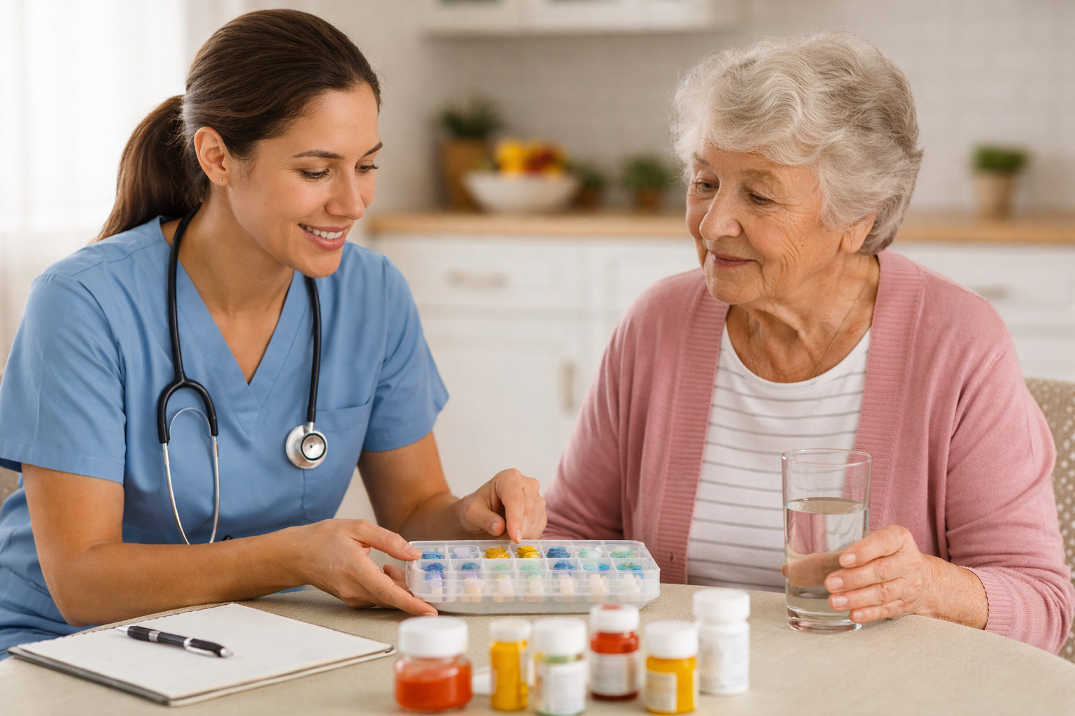 A registered nurse in blue scrubs helps an elderly woman review her medications at a bright kitchen table, pointing to a pill organizer while the senior holds a glass of water—illustrating professional medication oversight and in-home nursing support for aging adults