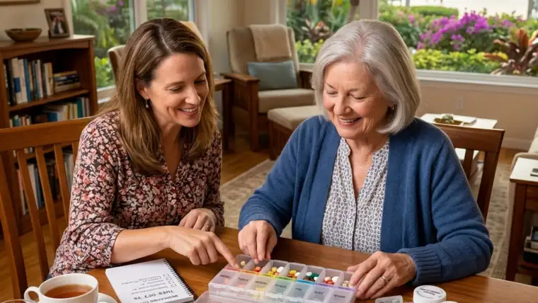 A professional nurse organizing medication for a senior in a Sarasota home, illustrating safe in-home medication management practices.