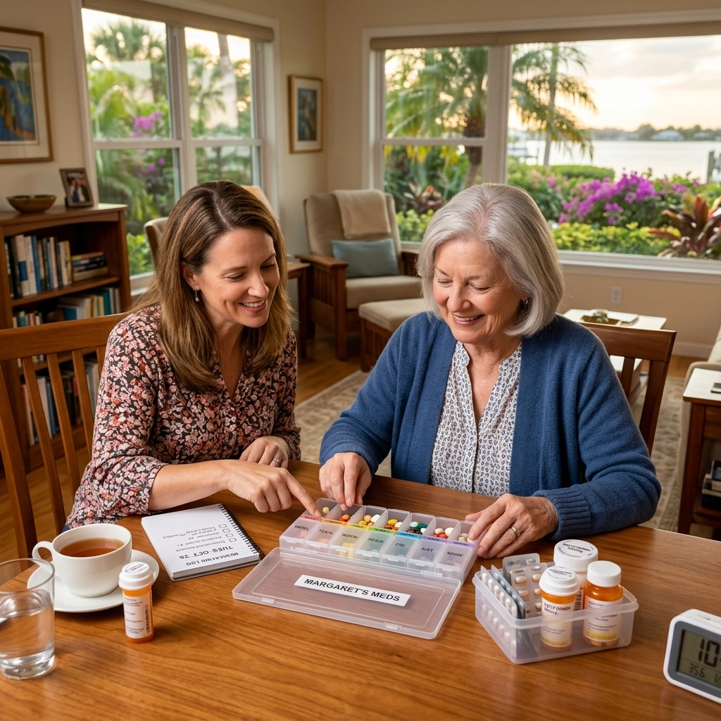 A professional nurse organizing medication for a senior in a Sarasota home, illustrating safe in-home medication management practices.