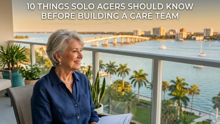A professional Aging Life Care Manager in Sarasota discusses a personalized care plan with a solo ager senior client in their home, illustrating supportive and proactive planning for solo agers.