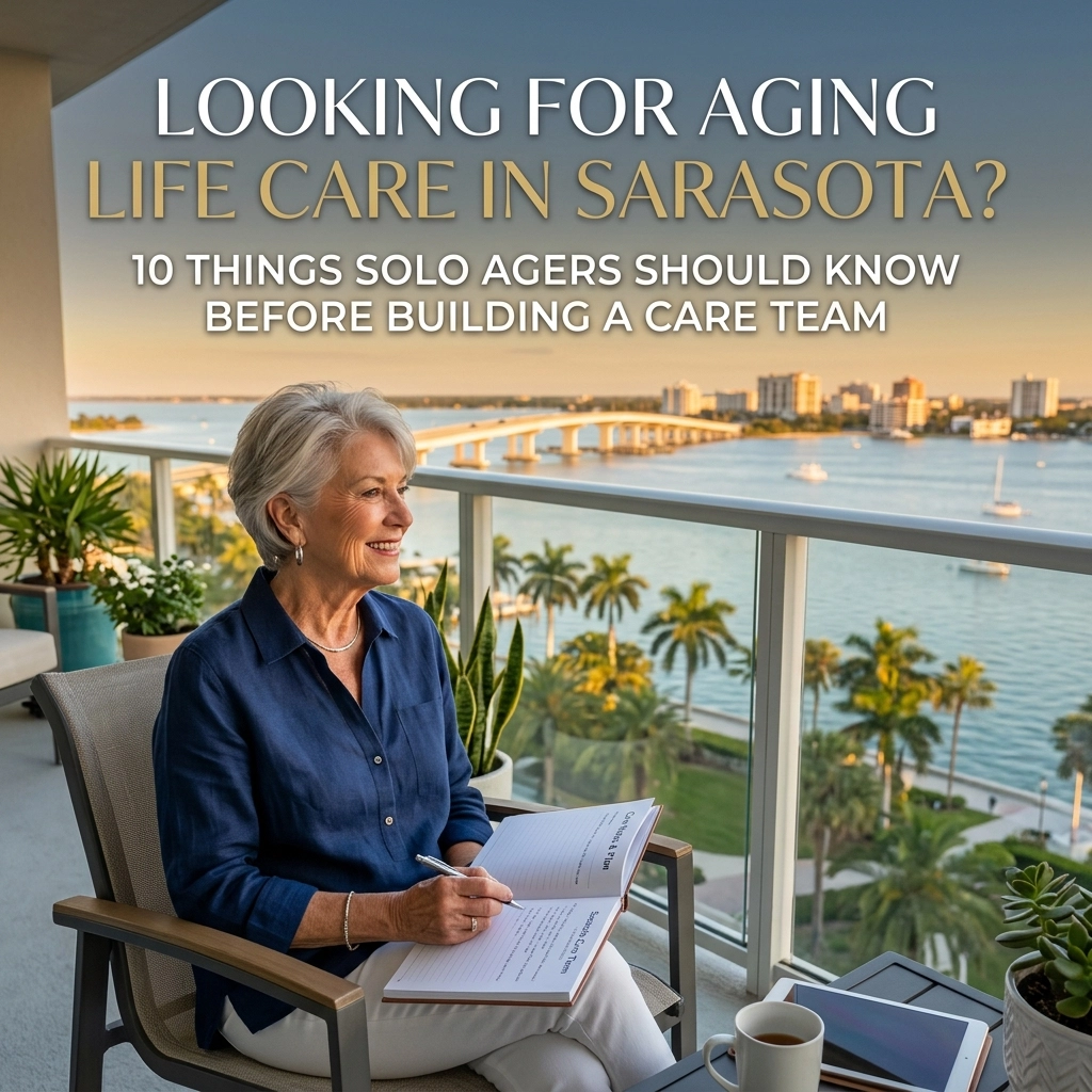 A professional Aging Life Care Manager in Sarasota discusses a personalized care plan with a solo ager senior client in their home, illustrating supportive and proactive planning for solo agers.