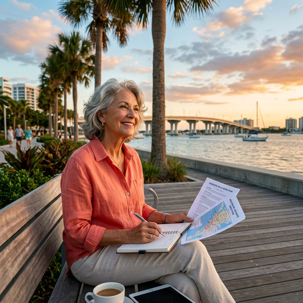A vibrant, confident senior woman enjoying a sunny afternoon on a Sarasota patio, holding a digital tablet and a cup of tea, representing the proactive and independent lifestyle of solo agers who has secured professional aging life care Sarasota services.