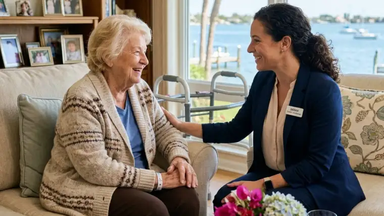 A professional geriatric care manager in Sarasota sits with an elderly patient in a sunlit living room, reviewing a post-operative recovery plan and medication schedule to ensure a safe transition from hospital to home.