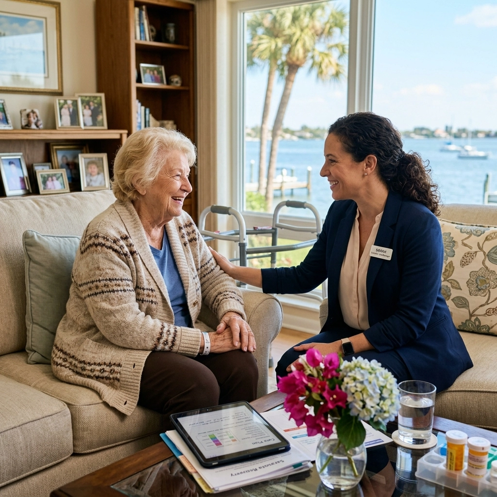 A professional geriatric care manager in Sarasota sits with an elderly patient in a sunlit living room, reviewing a post-operative recovery plan and medication schedule to ensure a safe transition from hospital to home.